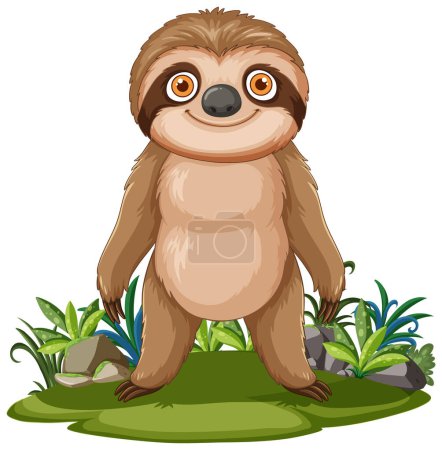 Smiling sloth standing on green grass