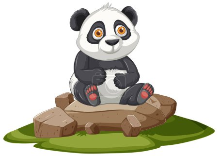 Adorable panda sitting on rocks, looking happy
