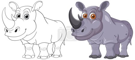 Smiling rhino in color and outline versions