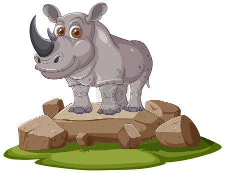 Smiling rhino standing on rocks and grass