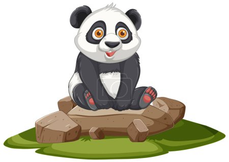Adorable panda sitting on rocks, smiling happily