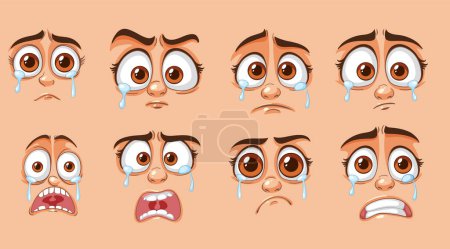 Varias expresiones de dibujos animados que muestran tristeza y frustración
