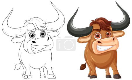 Color and outline versions of a happy bull