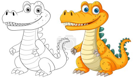 Smiling alligator in color and outline versions