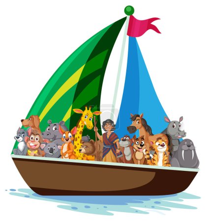 Verschiedene Tiere und eine Person auf einem Segelboot