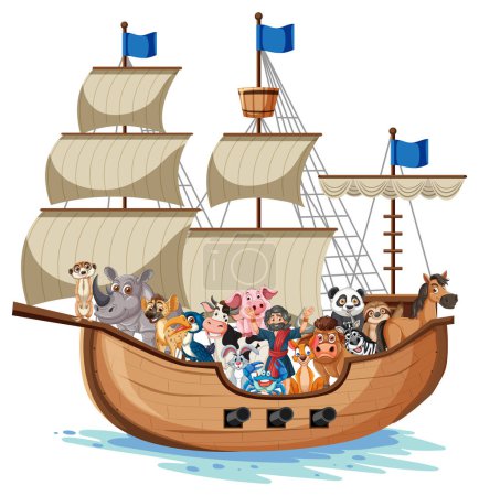 Various animals on a wooden ship