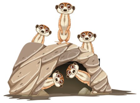 Group of meerkats peeking from a rock