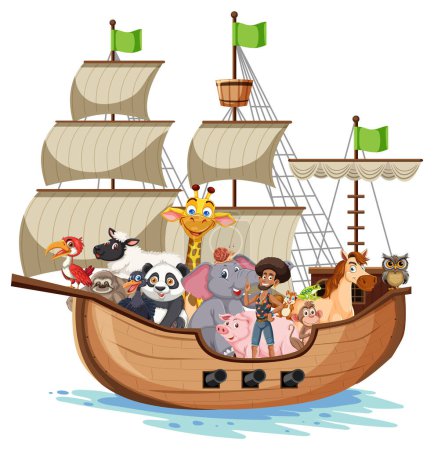 Various animals on a wooden sailing ship