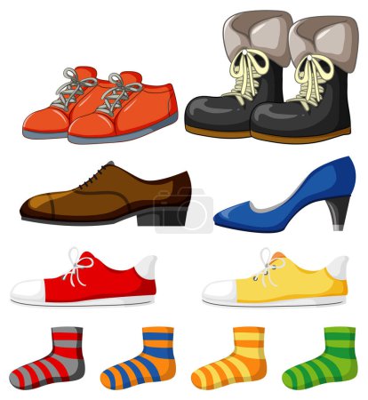 Various shoes and socks in vibrant colors