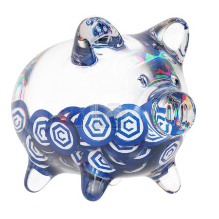 Cronos (CRO) Clear Glass piggy bank with decreasing piles of crypto coins. Saving inflation, financial crisis, and losing money concept. 3d illustration
