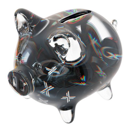 Téléchargez les photos : Immutable X (IMX) Clear Glass piggy bank with decreasing piles of crypto coins. Saving inflation, financial crisis, and losing money concept. 3d illustration - en image libre de droit