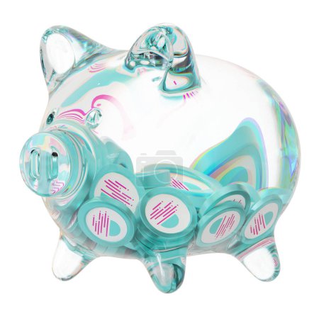 Photo for Moonbeam (GLMR) Clear Glass piggy bank with decreasing piles of crypto coins. Saving inflation, financial crisis, and losing money concept. 3d illustration - Royalty Free Image