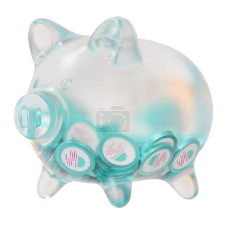 Photo for Moonbeam (GLMR) Clear Glass piggy bank with decreasing piles of crypto coins. Saving inflation, financial crisis, and losing money concept. 3d illustration - Royalty Free Image