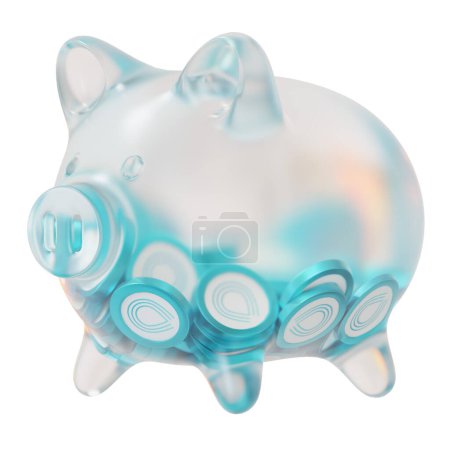 Photo for Serum (SRM) Clear Glass piggy bank with decreasing piles of crypto coins. Saving inflation, financial crisis, and losing money concept. 3d illustration - Royalty Free Image