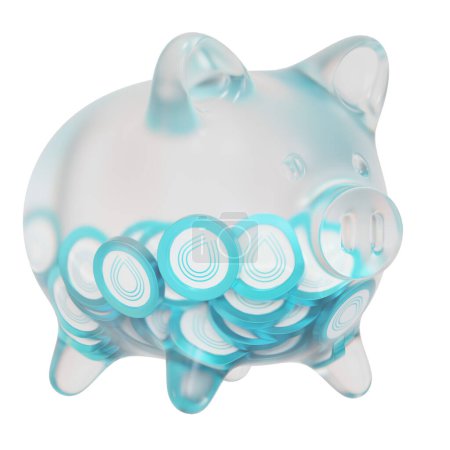 Photo for Serum (SRM) Clear Glass piggy bank with decreasing piles of crypto coins. Saving inflation, financial crisis, and losing money concept. 3d illustration - Royalty Free Image