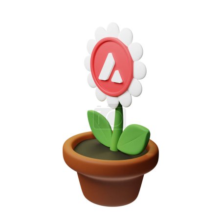 Foto de Ilustración 3D de flor en maceta con Avalancha, signo AVAX sobre fondo blanco - Imagen libre de derechos