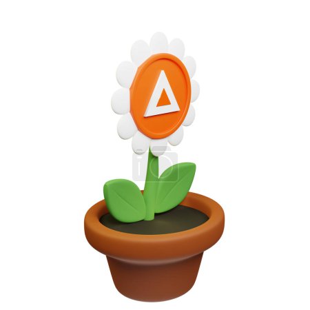 Téléchargez les photos : Illustration 3D de fleur en pot avec jeton d'attention de base, panneau MTD sur le fond blanc - en image libre de droit