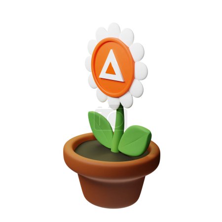 Foto de Ilustración 3D de flor en maceta con token de atención básica, signo de MTD en el fondo blanco - Imagen libre de derechos