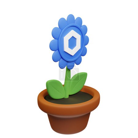 Foto de Ilustración 3D de flor en maceta con eslabón de cadena, signo LINK sobre fondo blanco - Imagen libre de derechos