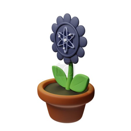 Foto de Ilustración 3D de flor en maceta con Cosmos, signo ATOM sobre fondo blanco - Imagen libre de derechos