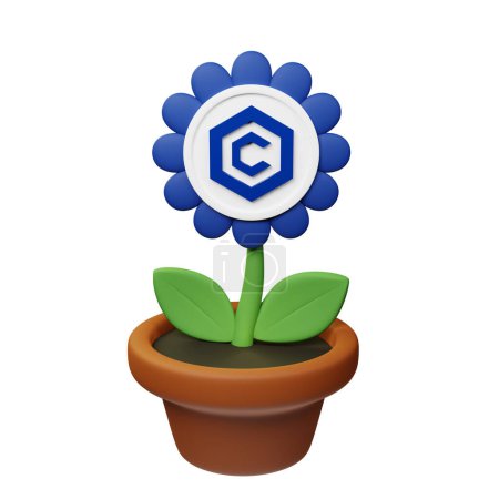 Foto de Ilustración 3D de flor en maceta con Cronos, signo CRO sobre fondo blanco - Imagen libre de derechos