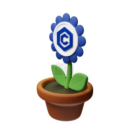 Foto de Ilustración 3D de flor en maceta con Cronos, signo CRO sobre fondo blanco - Imagen libre de derechos