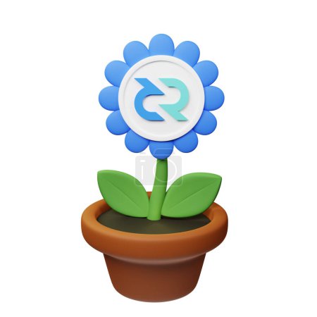 Téléchargez les photos : Illustration 3D de fleur en pot avec Decred, signe DCR sur le fond blanc - en image libre de droit