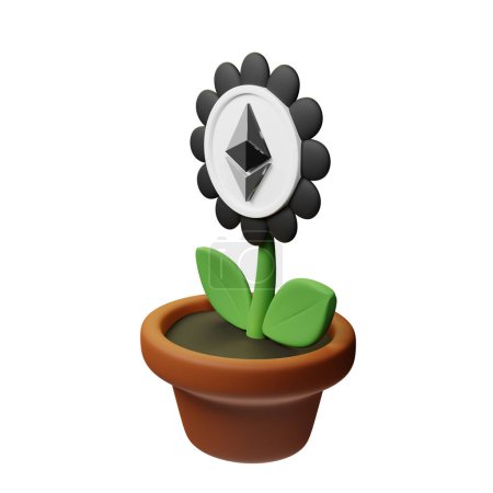 Téléchargez les photos : Illustration 3D de fleur en pot avec Ethereum, panneau ETH sur fond blanc - en image libre de droit