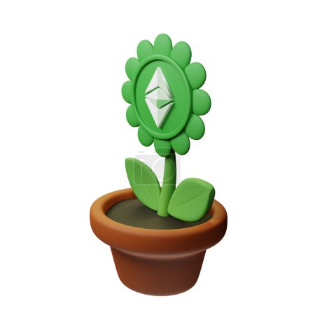 Téléchargez les photos : Illustration 3D de fleur en pot avec Ethereum Classic, panneau ETC sur fond blanc - en image libre de droit