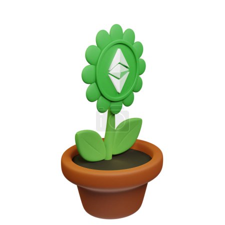 Téléchargez les photos : Illustration 3D de fleur en pot avec Ethereum Classic, panneau ETC sur fond blanc - en image libre de droit