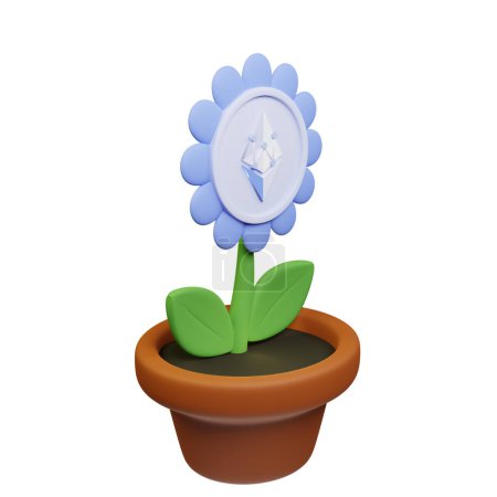 Foto de Ilustración 3D de flor en maceta con EthereumPoW, signo ETHW sobre fondo blanco - Imagen libre de derechos