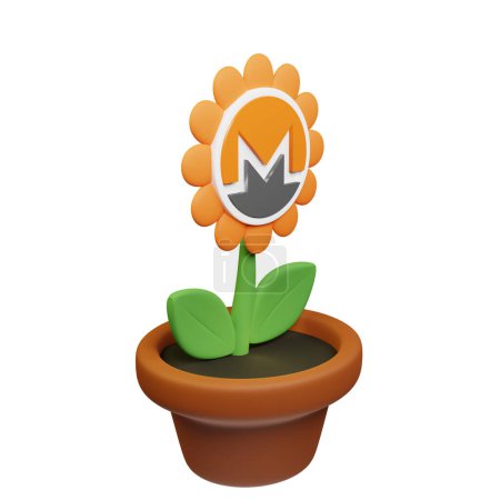 Téléchargez les photos : Illustration 3D de fleur en pot avec Monero, signe XMR sur le fond blanc - en image libre de droit