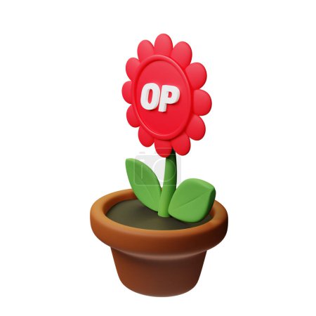 Foto de Ilustración 3D de flor en maceta con optimismo, signo OP sobre fondo blanco - Imagen libre de derechos