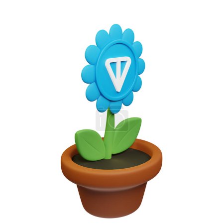 Téléchargez les photos : Illustration 3D de fleur en pot avec Toncoin, signe TON sur le fond blanc - en image libre de droit