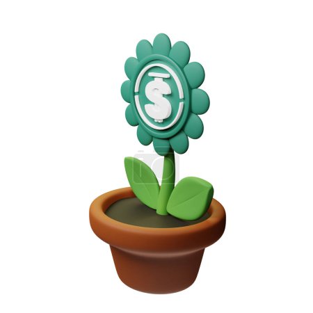 Téléchargez les photos : Illustration 3D de fleur en pot avec signe USD sur le fond blanc - en image libre de droit