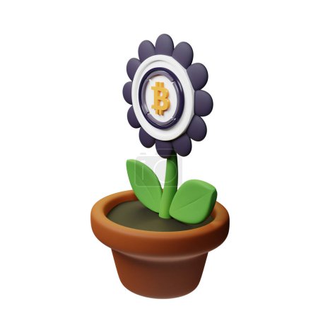 Foto de Ilustración 3D de flor en maceta con Bitcoin Crypto signo en el fondo blanco - Imagen libre de derechos