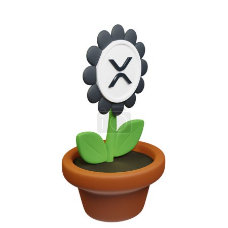 Téléchargez les photos : Illustration 3D de fleur en pot avec signe XRP Crypto sur le fond blanc - en image libre de droit