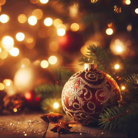 Photo for Christmas decorations on the background of the christmas tree. - Royalty Free Image