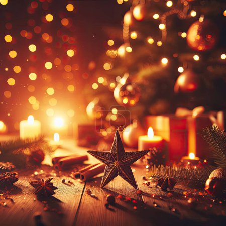 Foto de Decoraciones de Navidad y velas en el suelo de madera - Imagen libre de derechos