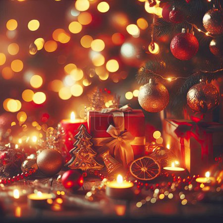 Foto de Fondo de Navidad con el árbol de Navidad y decoraciones. tarjeta de vacaciones de año nuevo - Imagen libre de derechos