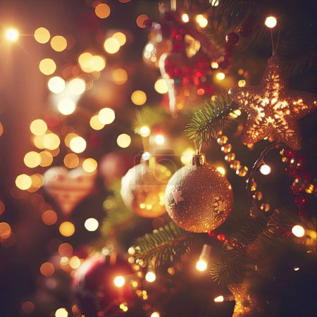 Téléchargez les photos : Décoration de Noël sur fond en bois avec lumières et sapin de Noël - en image libre de droit