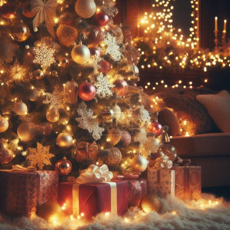 Photo for Christmas tree with presents and gifts on the background of the fireplace. - Royalty Free Image