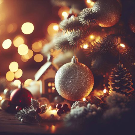 Téléchargez les photos : Décorations de Noël sur le fond de l'arbre de Noël, décorations de Noël et lumières de Noël sur le fond en bois - en image libre de droit