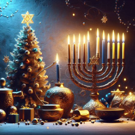 Foto de Feliz Hanukkah de fiesta judía. Janucá con menorá - Imagen libre de derechos