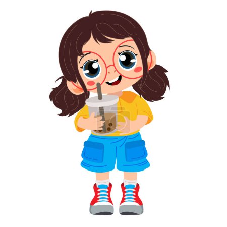 cute girl cartoon holding ice beverage
