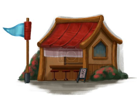 Foto de Fairy tale hut with flowers and flags outside.Concept Art Scenery. Book Illustration. Video Game Scene. Serious Digital Painting. CG Artwork Background. - Imagen libre de derechos