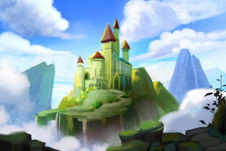 Photo for A castle surrounded by mountains. Green villa.Concept Art Scenery. Book Illustration. Video Game Scene. Serious Digital Painting. CG Artwork Background. - Royalty Free Image