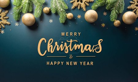 Photo for Christmas and new year background concept. Top view of Christmas ball, christmas brance, star and snowflake on dark background. - Royalty Free Image