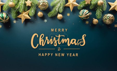 Photo for Christmas and new year background concept. Top view of Christmas ball, christmas brance, star and snowflake on dark background. - Royalty Free Image