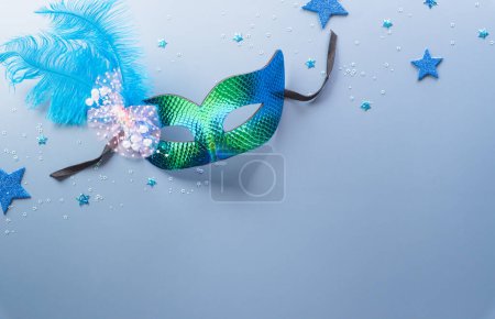 Photo for Happy Purim carnival decoration concept made from mask and sparkle star and hamantaschen cookies on pastel background. (Happy Purim in Hebrew, jewish holiday celebrate) - Royalty Free Image